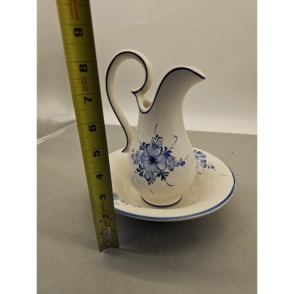 Loucart Portugal‎ Pitcher Bowl Set Blue Floral Vintage MCM